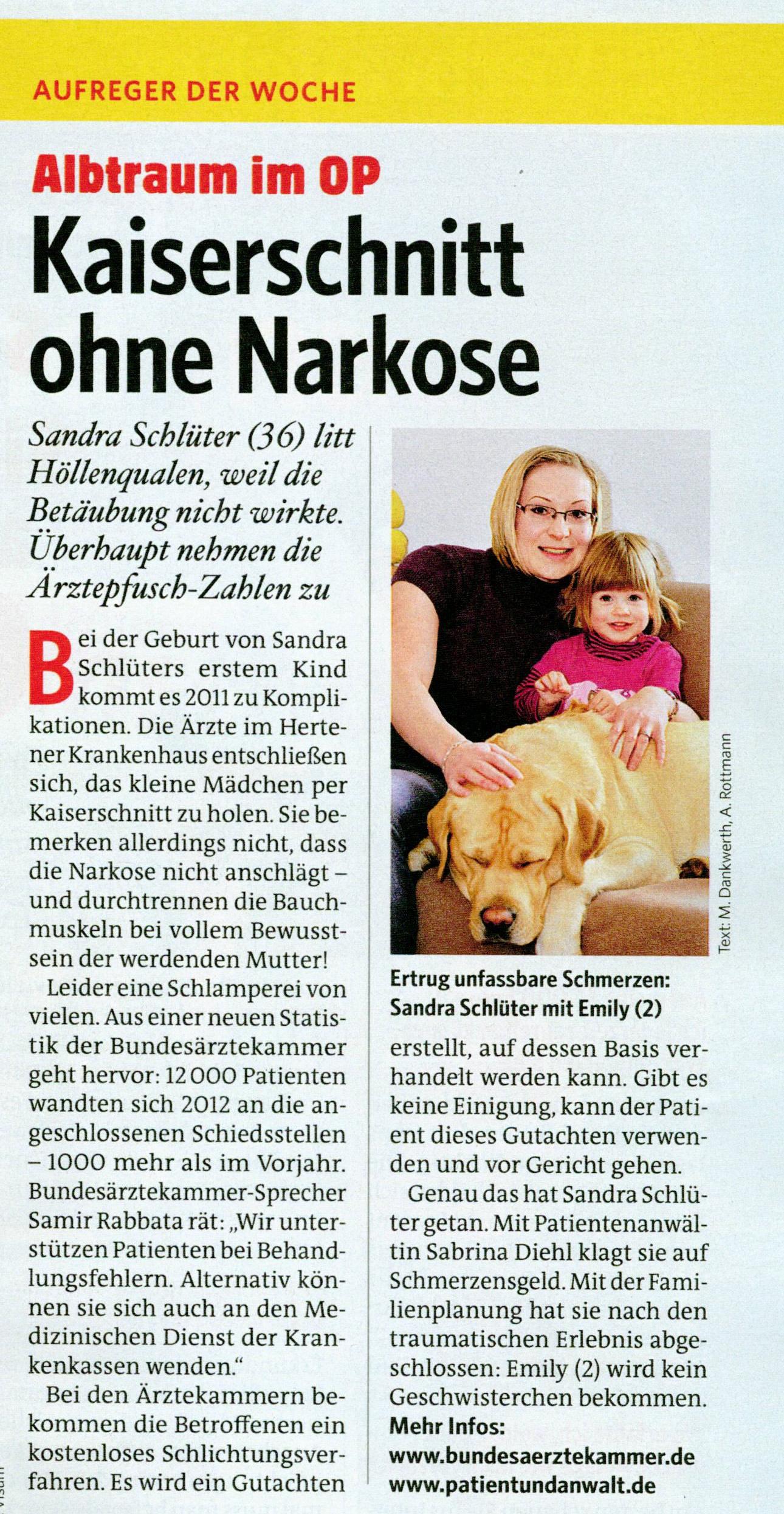 Bild der Frau 28.06.2013   Albtraum im OP   Kaiserschnitt ohne Narkose   Sandra Schlüter merkte während des Kaiserschnitts alles   Sabrina Diehl