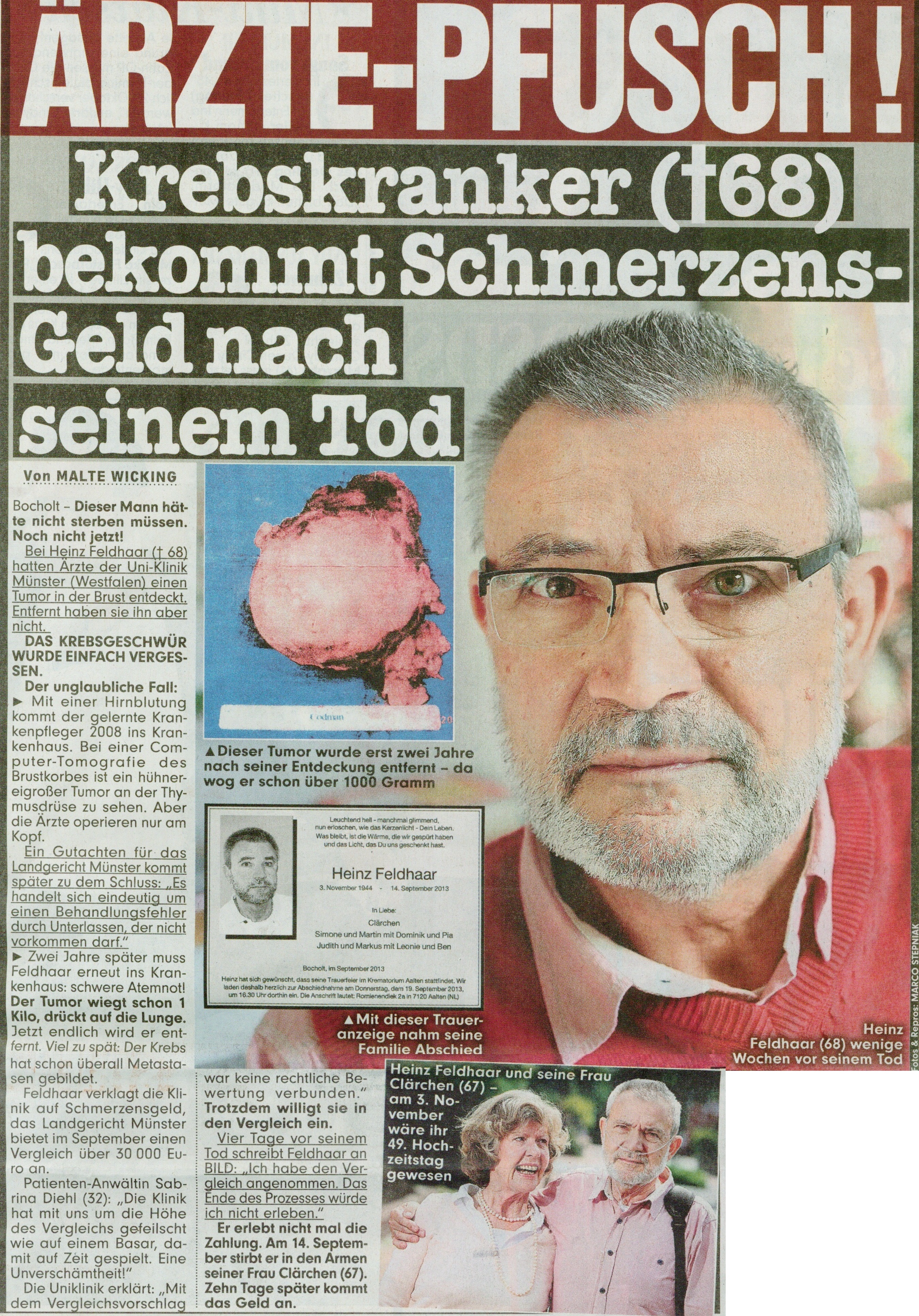 Bild vom 15.10.2013   Ärzte Pfusch! Krebskranker bekommt Schmerzensgeld nach seinem Tod, Feldhaar, Krebs, Sabrina Diehl, Patientenanwältin