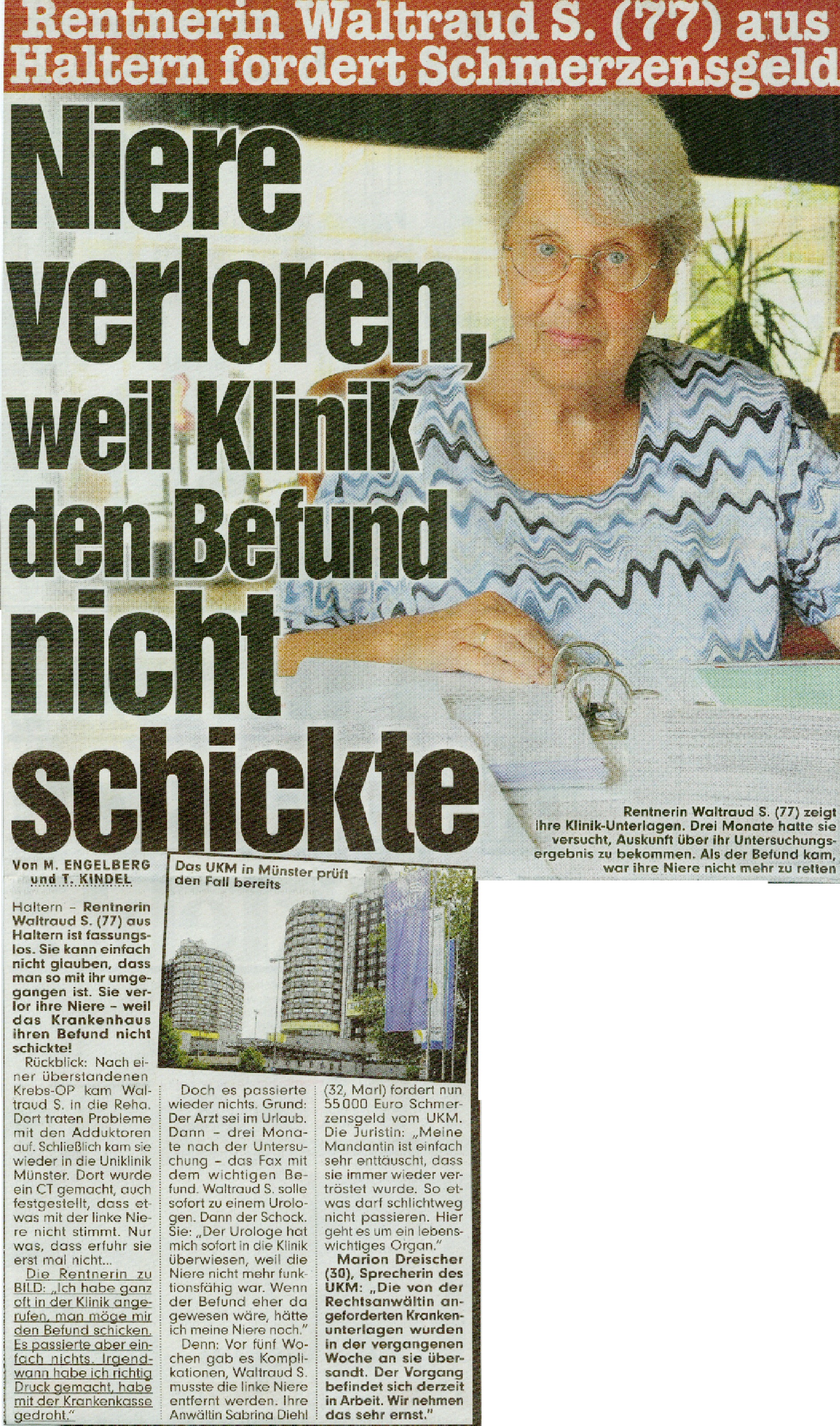 Bild vom 26.04.2014 Niere verloren, weil Klinik den Befund nicht schickte UKM Organverlust Ärztepfusch Sabrina Diehl