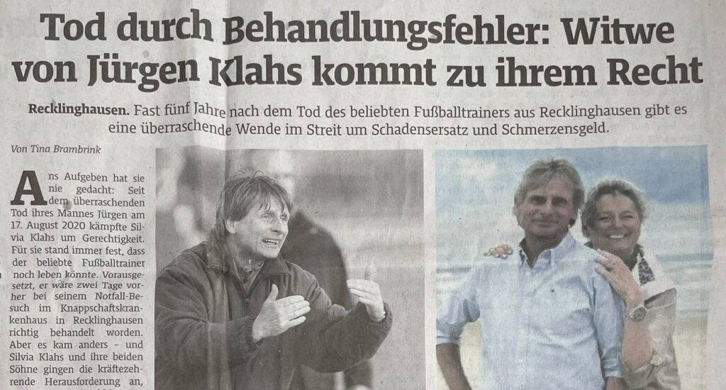 Recklinghäuser Zeitung“ 03/07/2025 – Artikel von Tina Brambrink „Tod durch Behandlungsfehler: Witwe von Jürgen Klahs kommt zu ihrem Recht