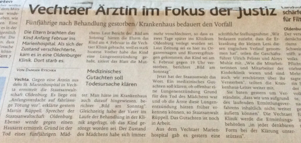 Münsterländische Zeitung vom 28.09.2015 – Vechtaer Ärztin im Fokus der Justiz – Fünfjährige nach Behandlung gestorben