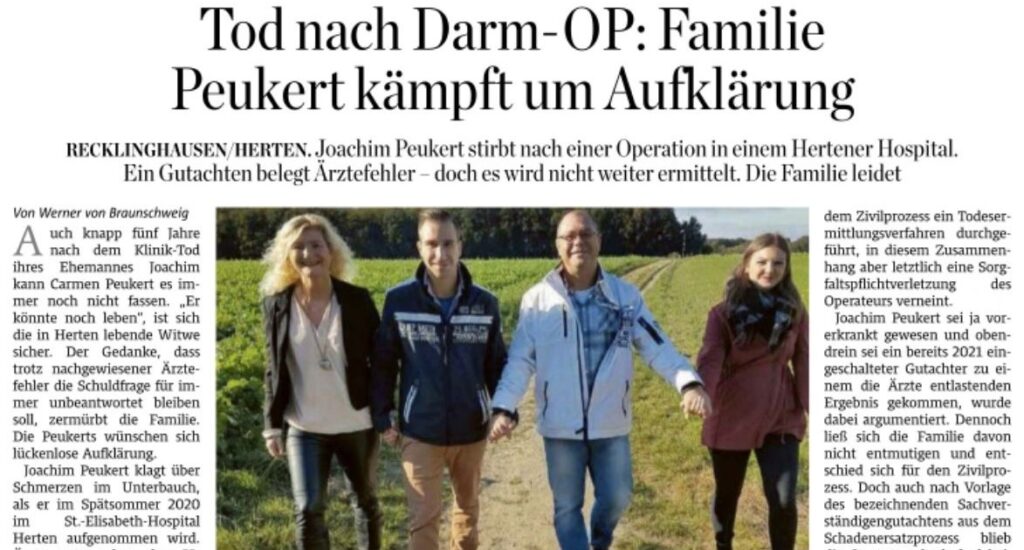 Recklinghäuser Zeitung“ 09/06/2025 – Artikel von Werner von Braunschweig – Tod nach Darm-OP: Familie Peukert kämpft um Aufklärung