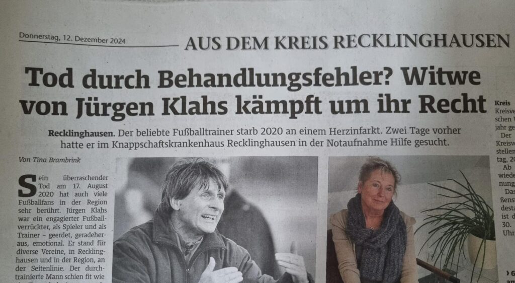 Recklinghäuser Zeitung“ 11/12/2024 – Artikel von Tina Brambrink – Tod durch Behandlungsfehler? Witwe von Jürgen Klahs kämpft um ihr Recht
