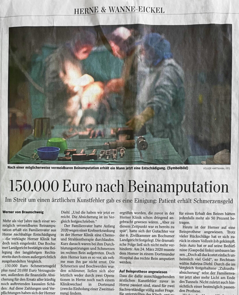 WAZ“ 22/06/2024 – Artikel von Werner von Braunschweig – 150.000 Euro nach Beinamputation